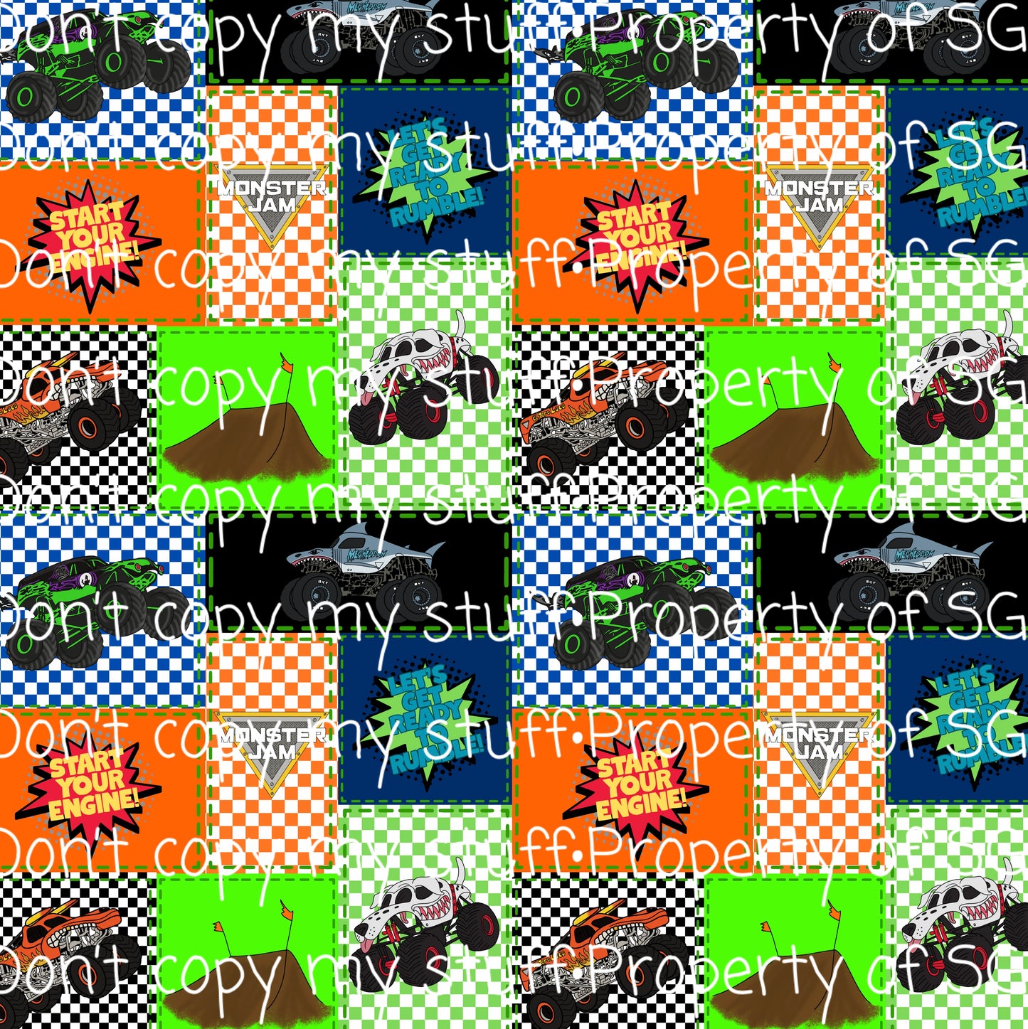 Checkered Patchwork Monster Trucks Seamless