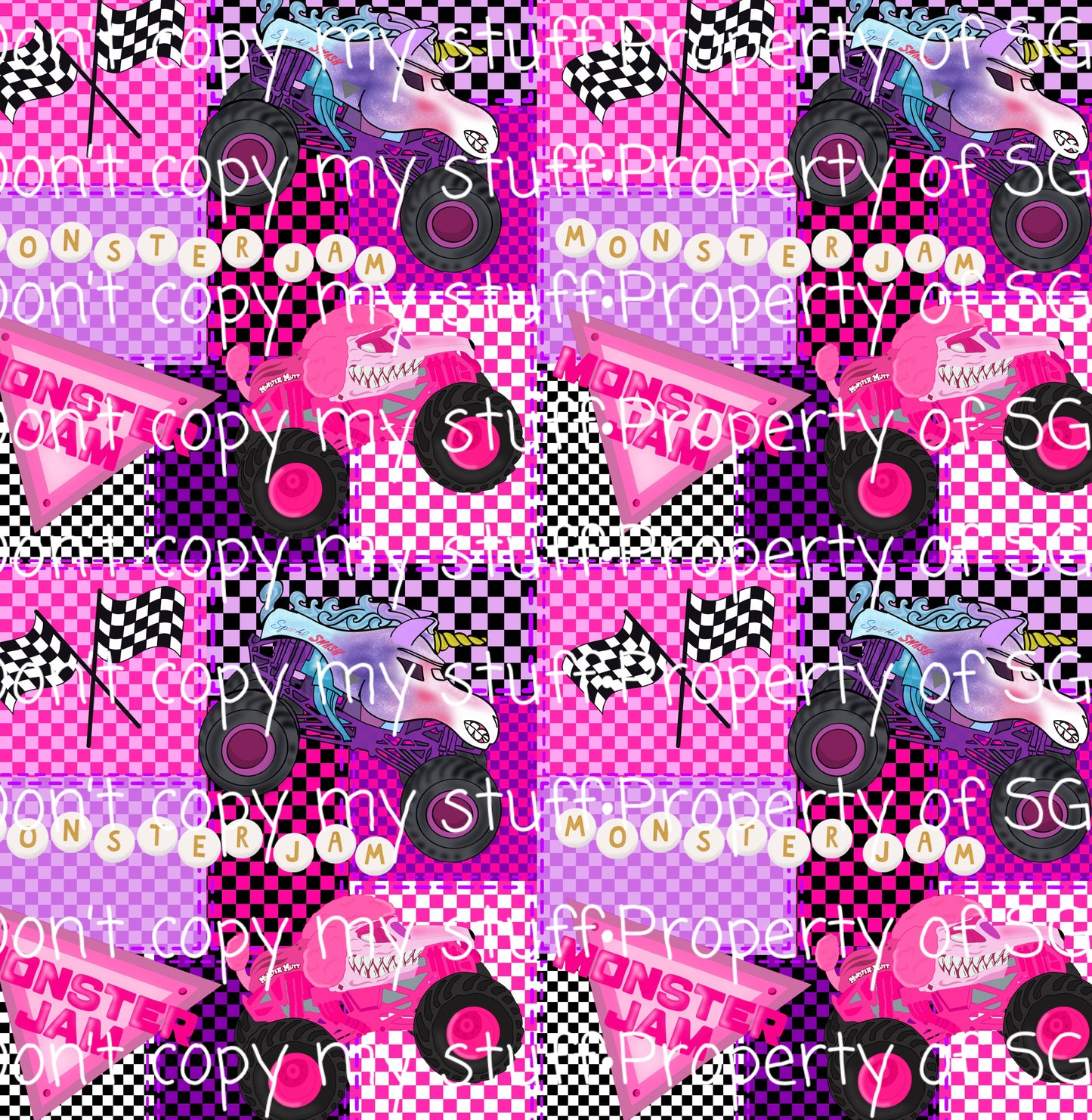 Girly Patchwork Monster Trucks Seamless