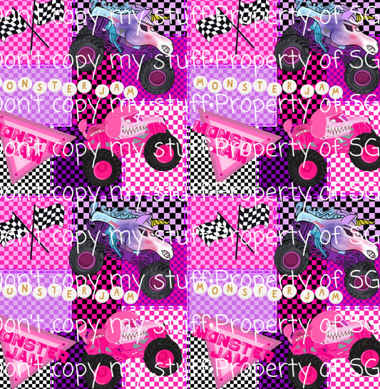 Girly Patchwork Monster Trucks Seamless