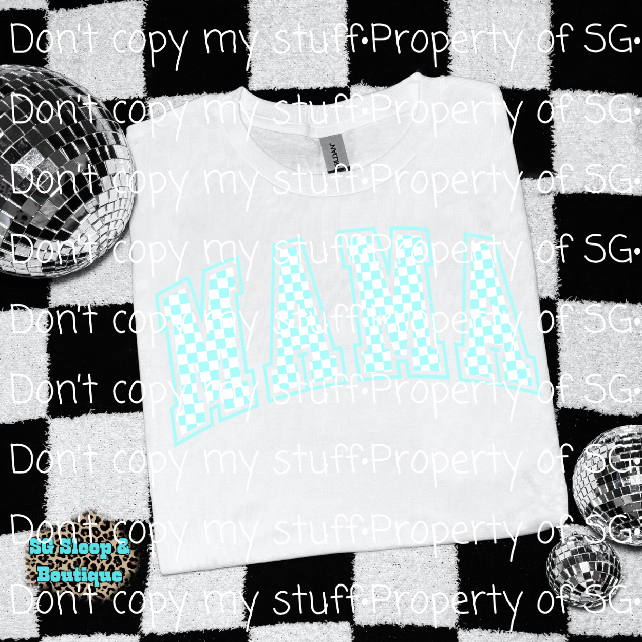 Mint Blue Checkered Mama PNG